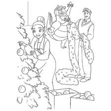 coloriage: La princesse Tiana décore l'arbre de Noël avec l'aide d'amis.