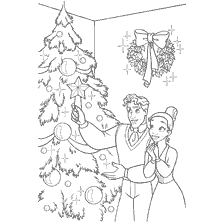 coloriage: La princesse Tiana et son prince se réjouissent à l'arbre de Noël avec des boules et des décorations de Noël.