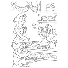 coloriage: Une scène avec une princesse et des nains préparant les gâteries du Nouvel An