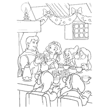 coloriage: Disney princesses et nains célèbrent le Nouvel An à table avec des gâteries
