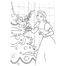 coloriage: Princesse Belle décore l'arbre de Noël