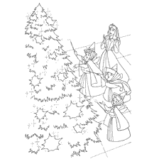 coloriage: Disney princesses préparer pour le Nouvel An en décorant un arbre de Noël