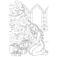 coloriage: Princesse Disney à l'arbre de Noël avec cadeaux