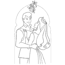coloriage: Princesse Aurora et Prince sous gui sur la couleur de Noël