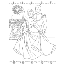 coloriage: Cendrillon et Prince célèbrent le Nouvel An devant la cheminée
