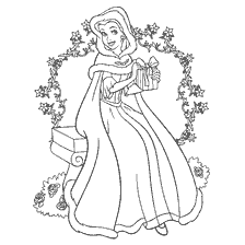 coloriage: Princesse Belle en manteau d'hiver tient un cadeau au milieu de l'ornement floral
