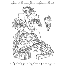 coloriage: Princesse Ariel avec des cadeaux sur fond de monde sous-marin