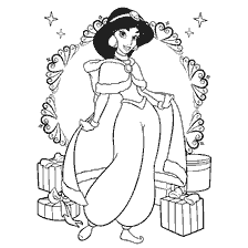 coloriage: Colorer la princesse Jasmine avec les cadeaux du Nouvel An