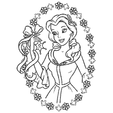 coloriage: Princesse Belle tient un flocon de neige et un ruban en arrière-plan de flocons de neige