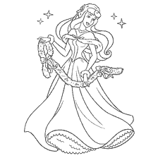 coloriage: Princesse Aurora se prépare pour le Nouvel An en tenue d'hiver