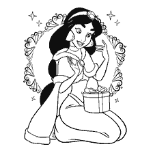 coloriage: La princesse Jasmine ouvre joyeusement le cadeau du Nouvel An