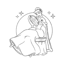 coloriage: Cendrillon peinture assis avec un cadeau au milieu des étoiles