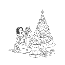 coloriage: Dessin de Blanche-Neige, célébrant le Nouvel An à l'arbre de Noël avec des cadeaux