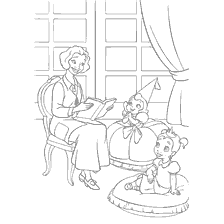pagina da colorare: Mamma legge un libro ai suoi bambini in una stanza accogliente, illustrazione dalla principessa e il libro di colorazione Frog
