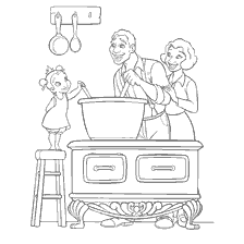 pagina da colorare: Baby Tiana e i suoi genitori in cucina cucina insieme.