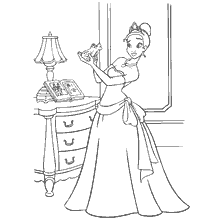 pagina da colorare: Principessa Tiana tiene un principe rana nelle sue mani accanto a un tavolo notturno e un libro