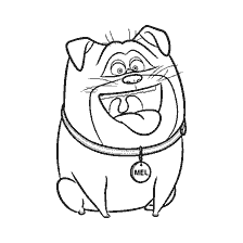 página para colorear: Pug Mel con un collar y una sonrisa brillante