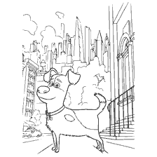 página para colorear: Max es el personaje principal de pie en la calle en una ciudad con altos edificios en el fondo.