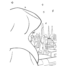 coloring page: Dreamy silhouette of a sieve against the background of a futuristic city