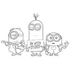 página para colorir: Minions de desenhos animados com o sinal "Estou com estúpido"