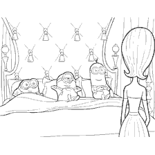 página para colorir: Minions sentar na cama com uma mulher em um quarto