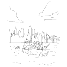 página para colorir: Minions em um barco de pesca com uma paisagem urbana
