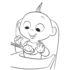 Tekening door Jae-Jack, de jongste zoon van de Super Family, die eet met een lepel.