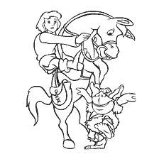 Een tekening van een jongen op een paard met een karakter uit de Gummy Bears
