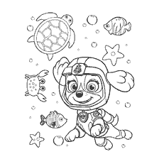 coloring page: Painting Patrol Puppy Patrol. Skye in scuba diving with marine life.