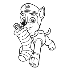 coloring page: Puppy Patrol rider holds a Christmas stocking of candy