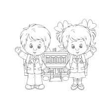 coloring page: Children with backpacks at the entrance to school celebrating Knowledge Day