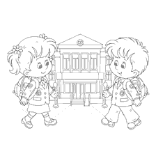 coloring page: Children go to school with backpacks in front of the school building