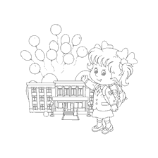 coloring page: Drawing of a girl with a backpack and balls in the background of the school