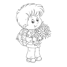 coloring page: Boy with a bouquet of flowers and a backpack preparing for school on Knowledge Day