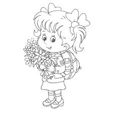 coloring page: A girl with a backpack and a bouquet of flowers