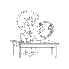 coloring page: Drawing of a student at a desk with a globe