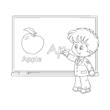 coloring page: The boy at the board with the letter A and the apple
