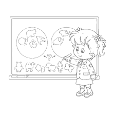 coloring page: Girl at the board in class, separating animals into categories