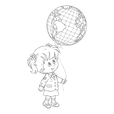 coloring page: A girl in a school suit holds an Earth-shaped balloon.