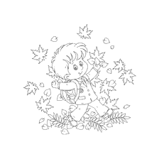 coloring page: A drawing of a student with a backpack against the background of fallen leaves