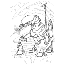 Drawing of a cyborg from the War of the Future, armed with a flamethrower