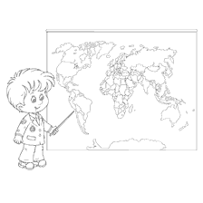 coloring page: Boy teacher at world map in geography lesson