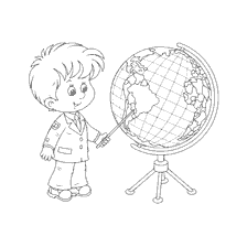 coloring page: Boy with a globe in geography class
