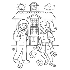 coloring page: Children with backpacks at school on Knowledge Day
