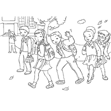 coloring page: Students go to school enjoying the Day of Knowledge