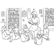coloring page: Teacher and children in class, reading a book
