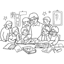 coloring page: Teacher explains material to group of students in class