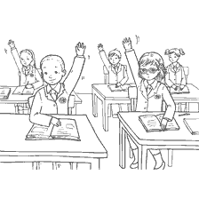 coloring page: Children in Knowledge Day class raise their hands
