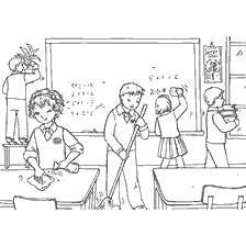 coloring page: Children clean the classroom on September 1