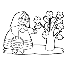 Coloriage grand-mère Près d'un arbre aux fleurs